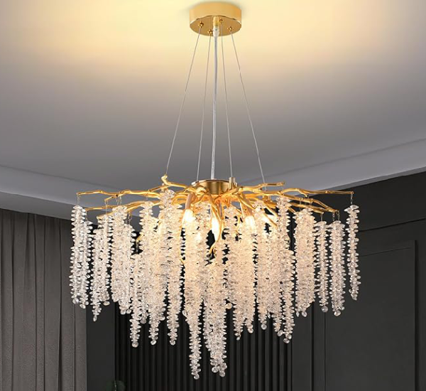 Puvaue - Luxury Round Crystal Tree Chandelier, 9 Lights Tassel Chandelier Hanging Ceiling Light Fixture for Dining Room Bedroom Living Room Entryway, 23.6 Inch