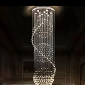 3S Staircase Long Crystal Chandelier Diameter: 4Ft & Height: 12Ft / Mirror Rose Gold