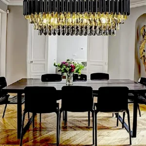 Penzy Modern Crystal Black Gold Rectangle Chandelier Ceiling jhumar led Decorative Hanging Light Fixture for Hall/Living Room, 3-Tier