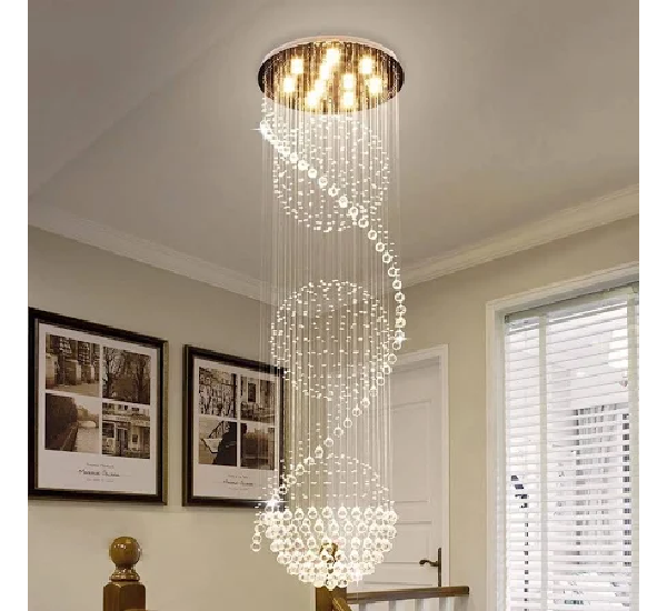 3S Staircase Long Crystal Chandelier Diameter: 4Ft & Height: 12Ft / Mirror Rose Gold