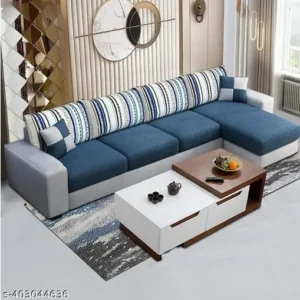 Casaliving Rolando Wood 4 Seater L Shape Sofa for Living Room with 2 Puffy