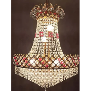 Gold Toned & Red Textured Metal Crystal Big Size Jhumar Ceiling Lamp
