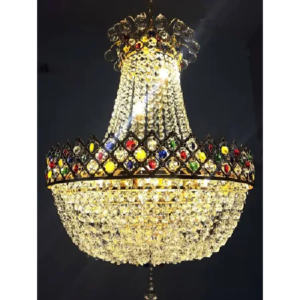 Gold Toned & Blue Textured Metal Crystal Big Size Jhumar Ceiling Lamp