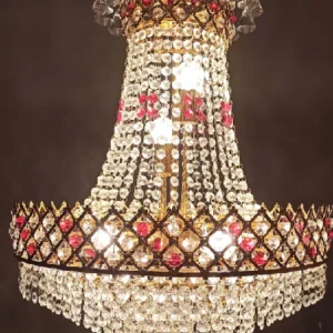 Gold Toned & Red Textured Metal Crystal Big Size Jhumar Ceiling Lamp