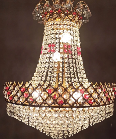 Gold Toned & Red Textured Metal Crystal Big Size Jhumar Ceiling Lamp - Image 2
