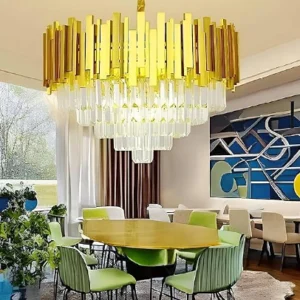 Dreamy Designs Modern K9 Crystal 4 Tier 400 Mm Pendant Jhumar For Balcony With Led Plate Light Chandelier Ceiling Lamp